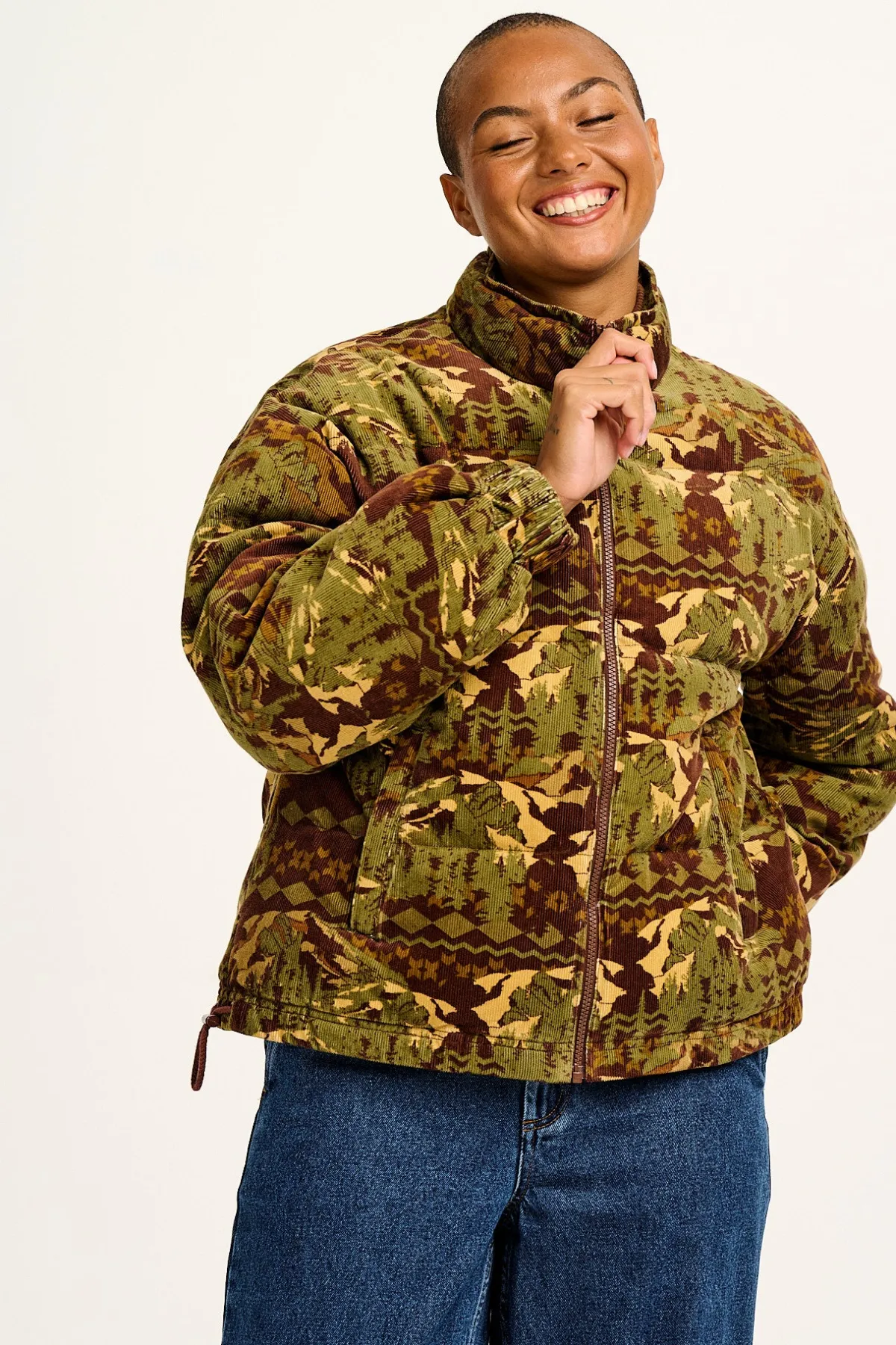 New Paloma - Corduroy Puffer Jacket in Green & Brown Nevis Print All Outerwear & Knitwear|Jackets