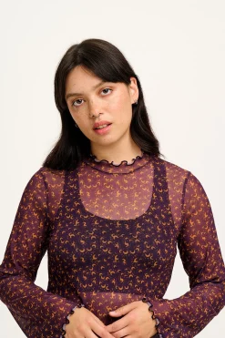 Discount Perrie - Long Sleeve Mesh Top in Purple with Belinay Print All Tops & Tees|Long Sleeve Tops