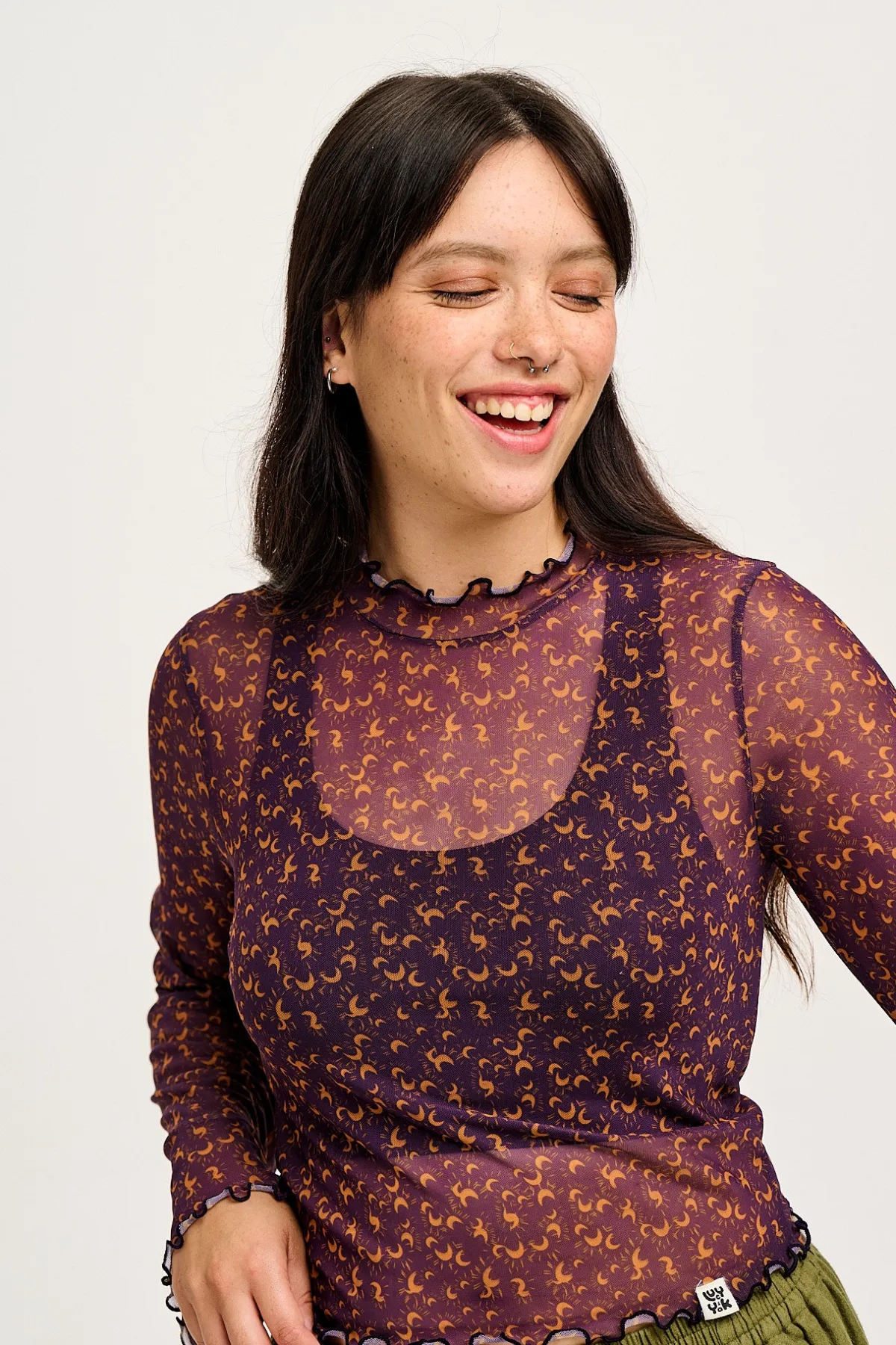 Discount Perrie - Long Sleeve Mesh Top in Purple with Belinay Print All Tops & Tees|Long Sleeve Tops