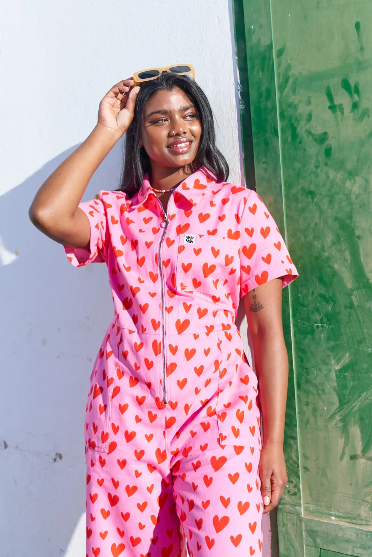Sale Ragan - Cotton Jumpsuit in Pink Heart Cupid Print All Jumpsuits