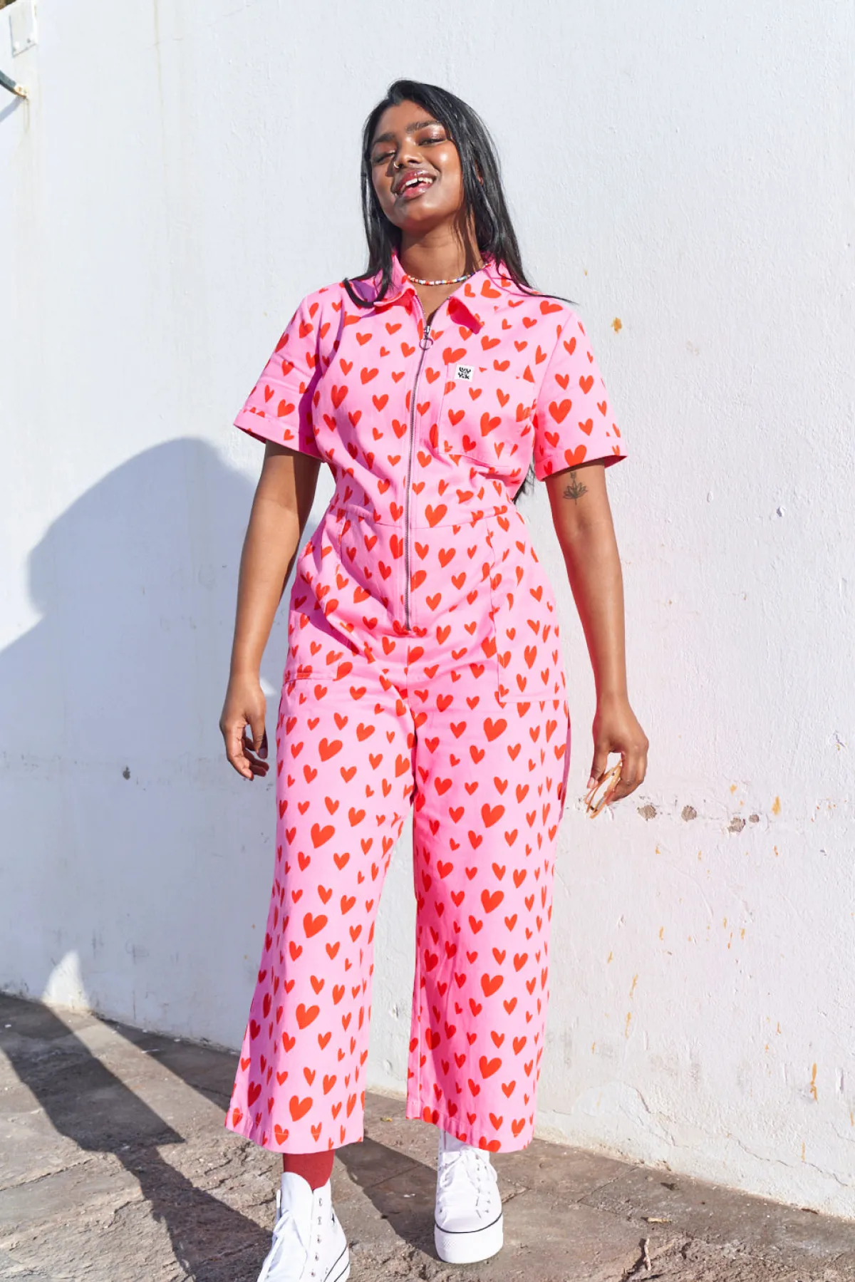Sale Ragan - Cotton Jumpsuit in Pink Heart Cupid Print All Jumpsuits