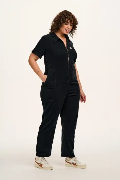 New Rex - Short Sleeve Corduroy Jumpsuit in Black All Jumpsuits|Tall Range