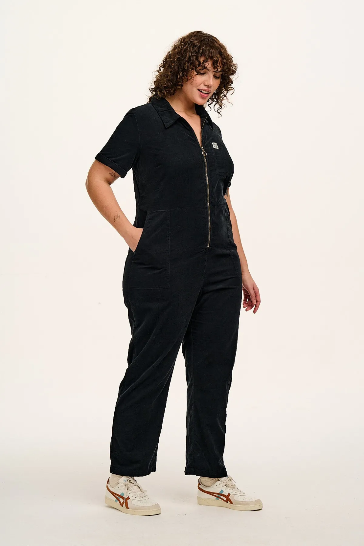 New Rex - Short Sleeve Corduroy Jumpsuit in Black All Jumpsuits|Tall Range