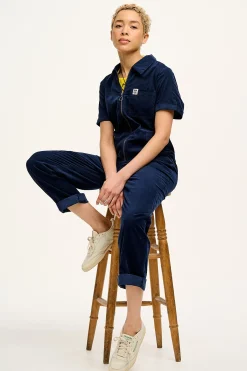 Outlet Rex - Short Sleeve Corduroy Jumpsuit in Navy Blue All Jumpsuits|Tall Range