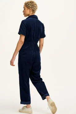 Outlet Rex - Short Sleeve Corduroy Jumpsuit in Navy Blue All Jumpsuits|Tall Range
