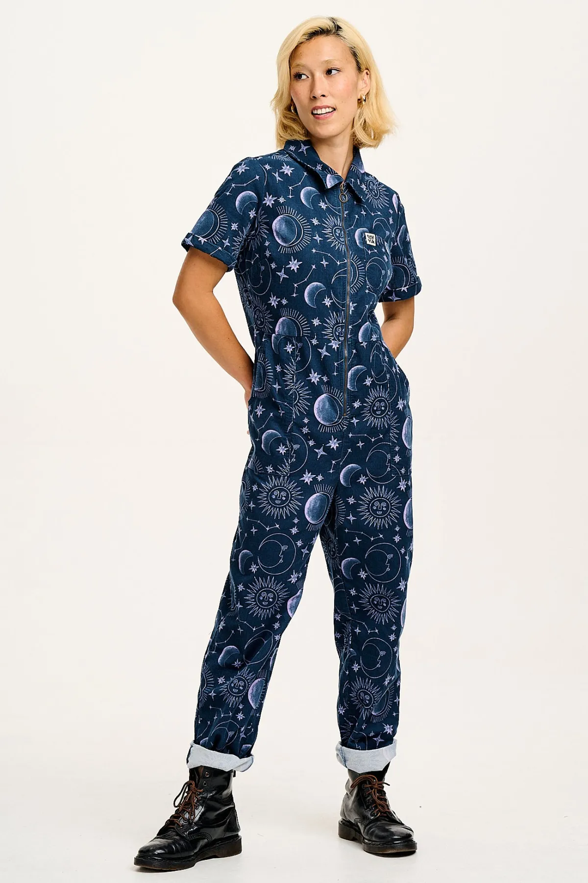 Sale Rex - Short Sleeve Corduroy Jumpsuit in Aurora Print All Jumpsuits