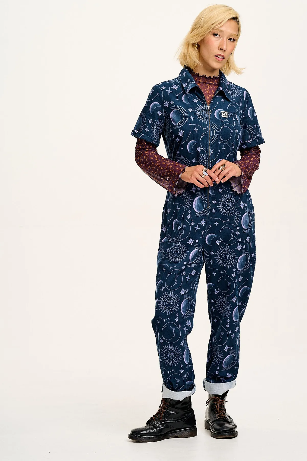 Sale Rex - Short Sleeve Corduroy Jumpsuit in Aurora Print All Jumpsuits