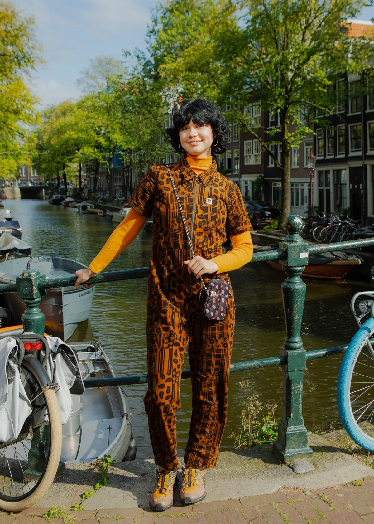 Online Rex - Short Sleeve Corduroy Jumpsuit in Brown Penny Patchwork Print All Jumpsuits