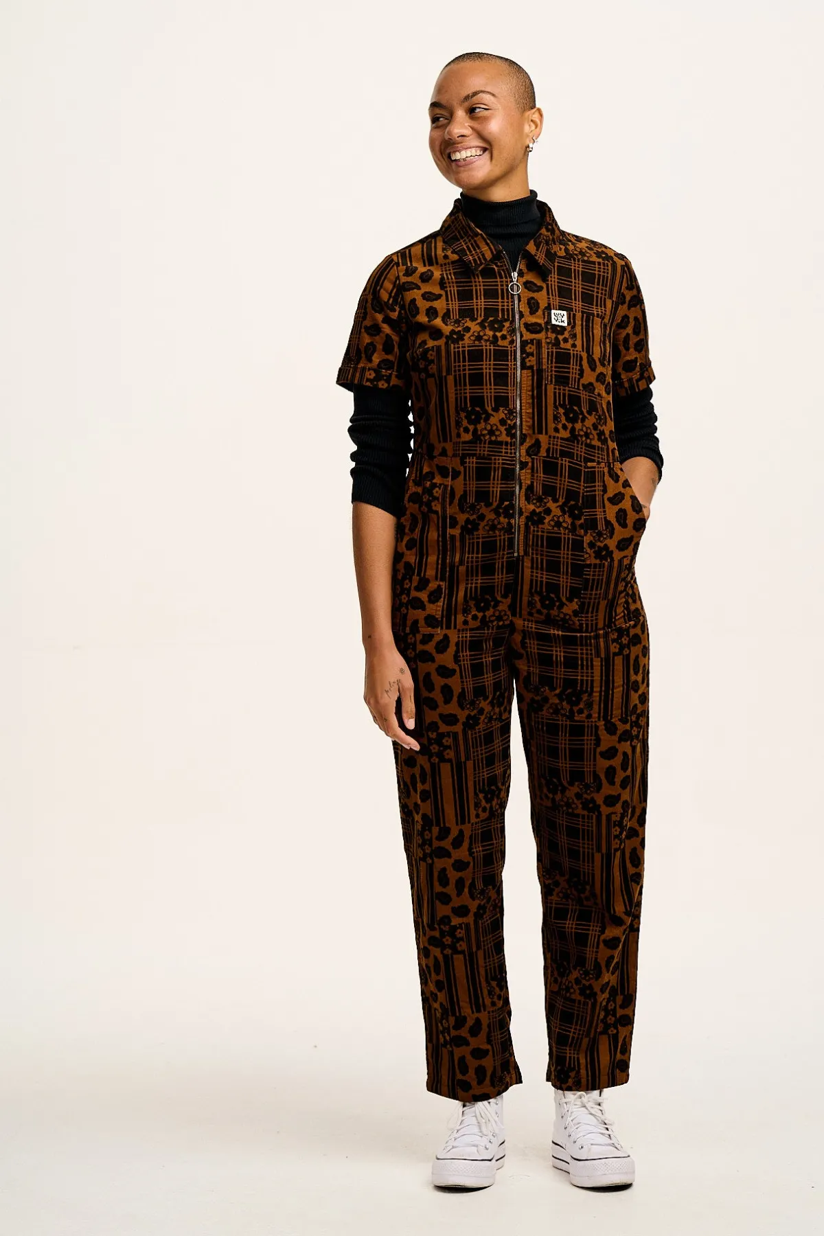 Online Rex - Short Sleeve Corduroy Jumpsuit in Brown Penny Patchwork Print All Jumpsuits