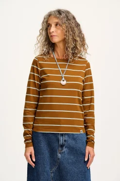 Sale Rey - Long Sleeve Cotton Top in Caramel Stripe Long Sleeve Tops