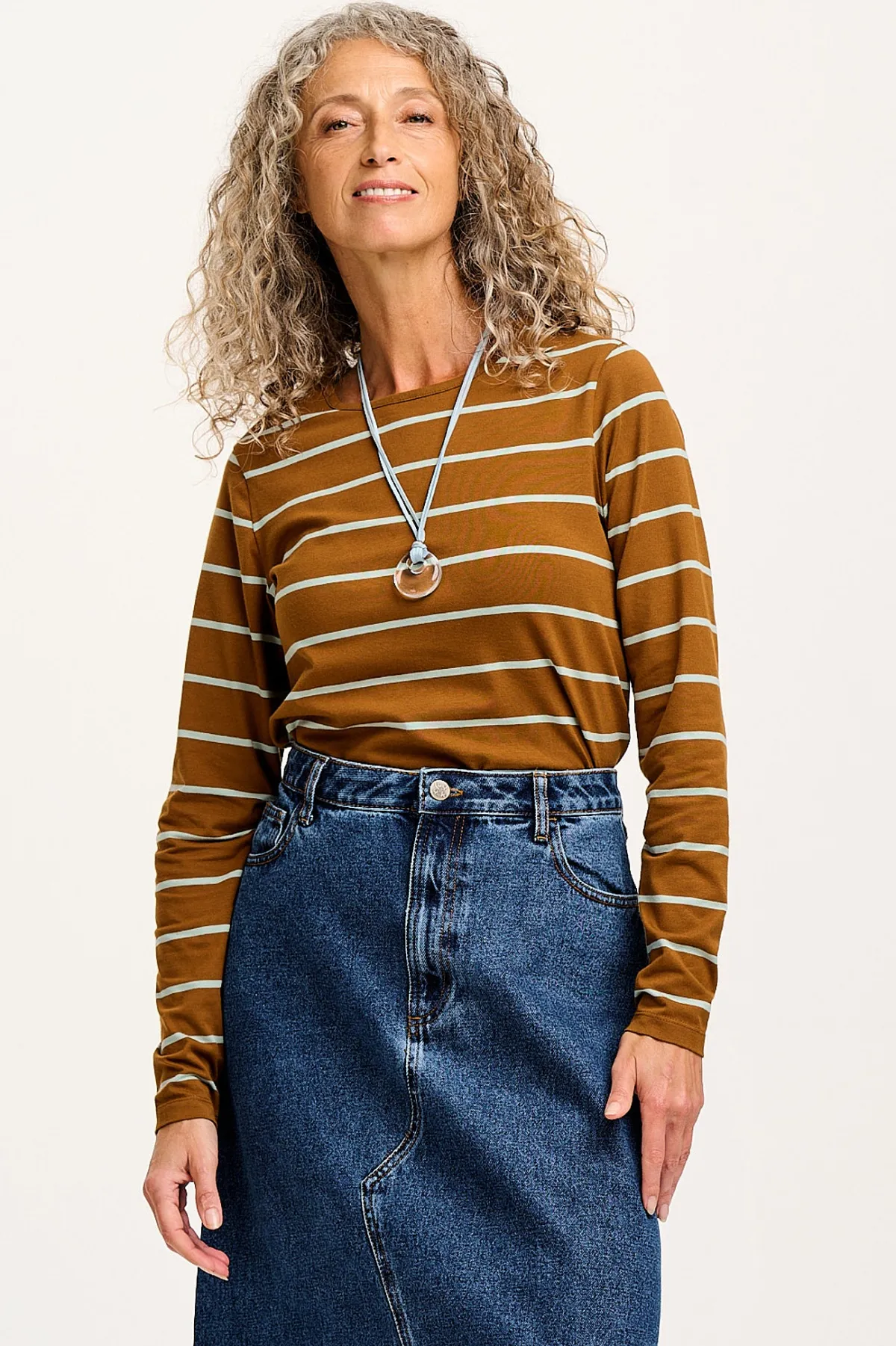 Sale Rey - Long Sleeve Cotton Top in Caramel Stripe Long Sleeve Tops