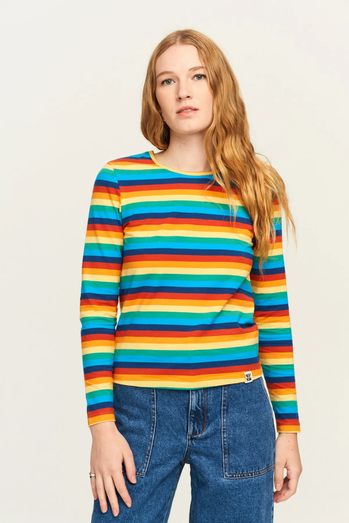 Discount Rey - Long Sleeve Cotton Top in Rainbow Stripe All Tops & Tees|Long Sleeve Tops