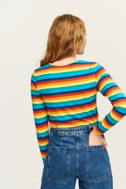 Discount Rey - Long Sleeve Cotton Top in Rainbow Stripe All Tops & Tees|Long Sleeve Tops