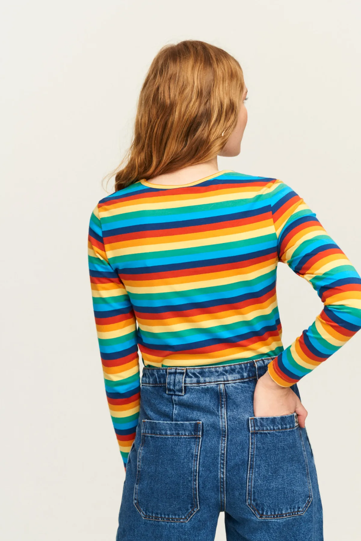 Discount Rey - Long Sleeve Cotton Top in Rainbow Stripe All Tops & Tees|Long Sleeve Tops