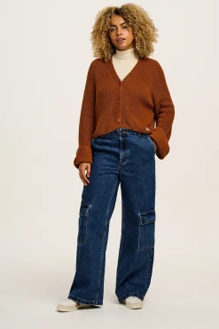 Online Robyn - V-Neck Knitted Cardigan in Caramel Cafe brown All Outerwear & Knitwear|Long Sleeve Tops